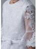 Beaded Elbow Sleeves White Lace Tulle Flower Girl Dress